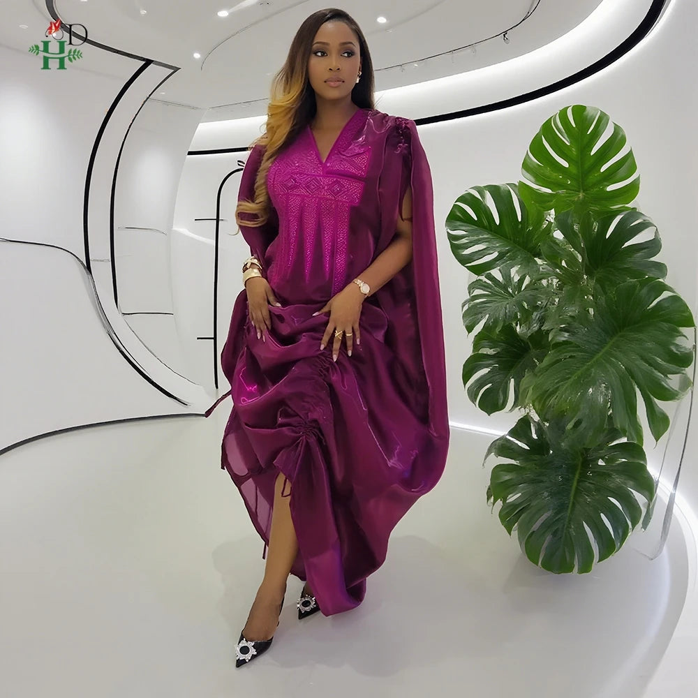 H&D African Women Plus Size Clothes New Arrival V-Neck Batwing Sleeve Embroidered Ruched Irregular Dress Wedding Gown Bubu Robe