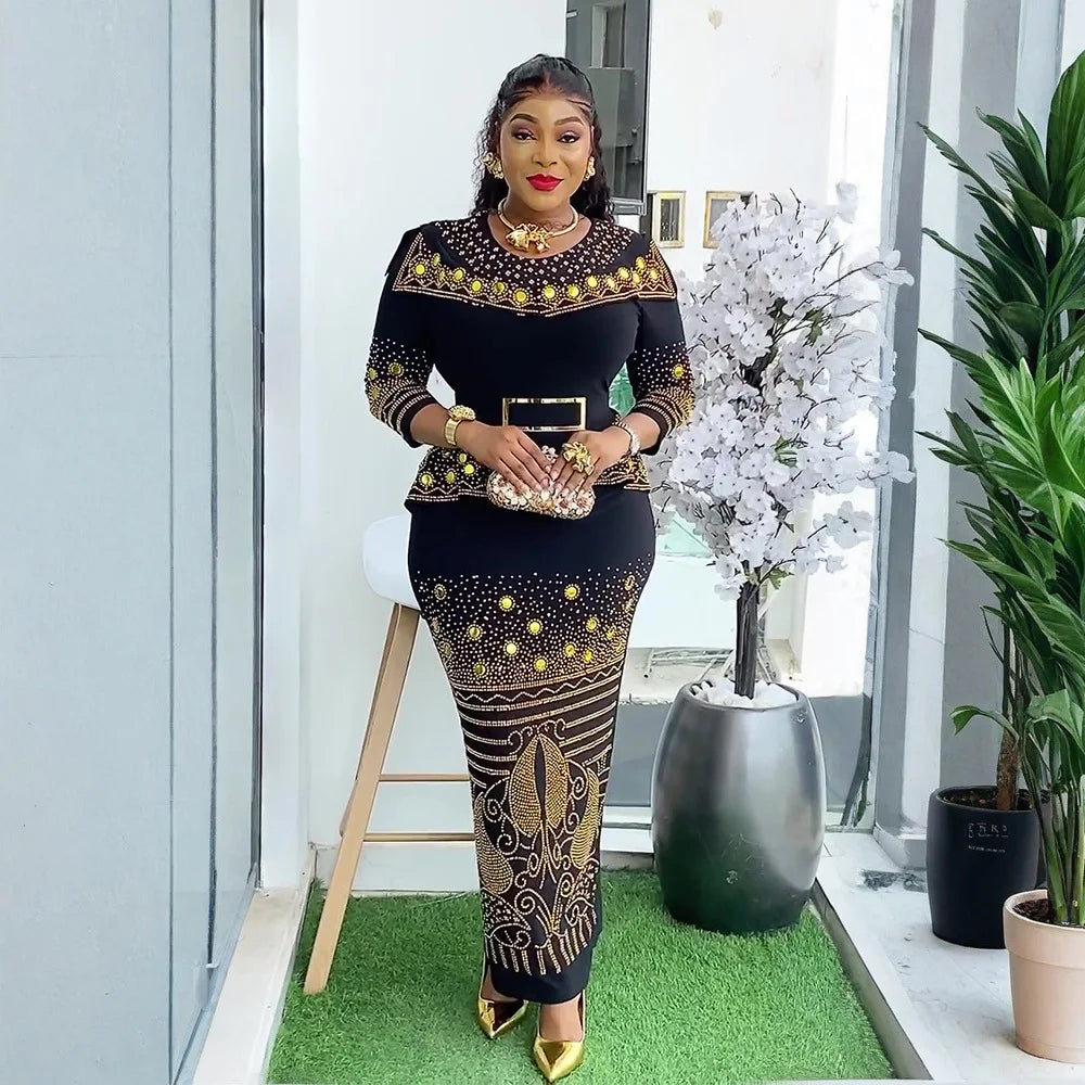 African Party Dresses for Women Elegant Turkey Muslim Wedding Evening Gown Plus Size Dashiki Diamond Bodycon Maxi Long Dress New