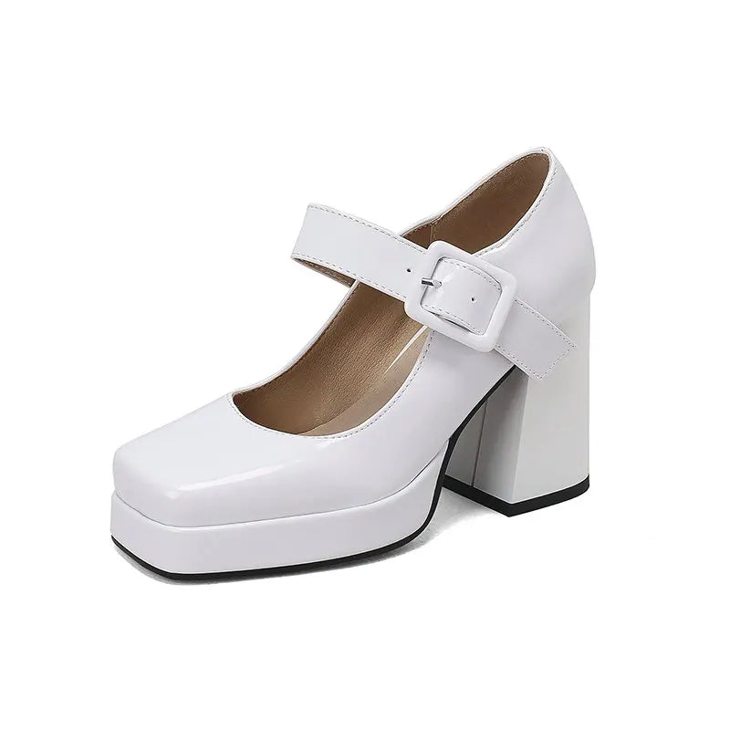 Size 33-48 Patent Shiny PU Leather Lady Office Pumps Wide Buckle Strap Platform Mary Janes Shoes Spring Fall Block Chunky Heels