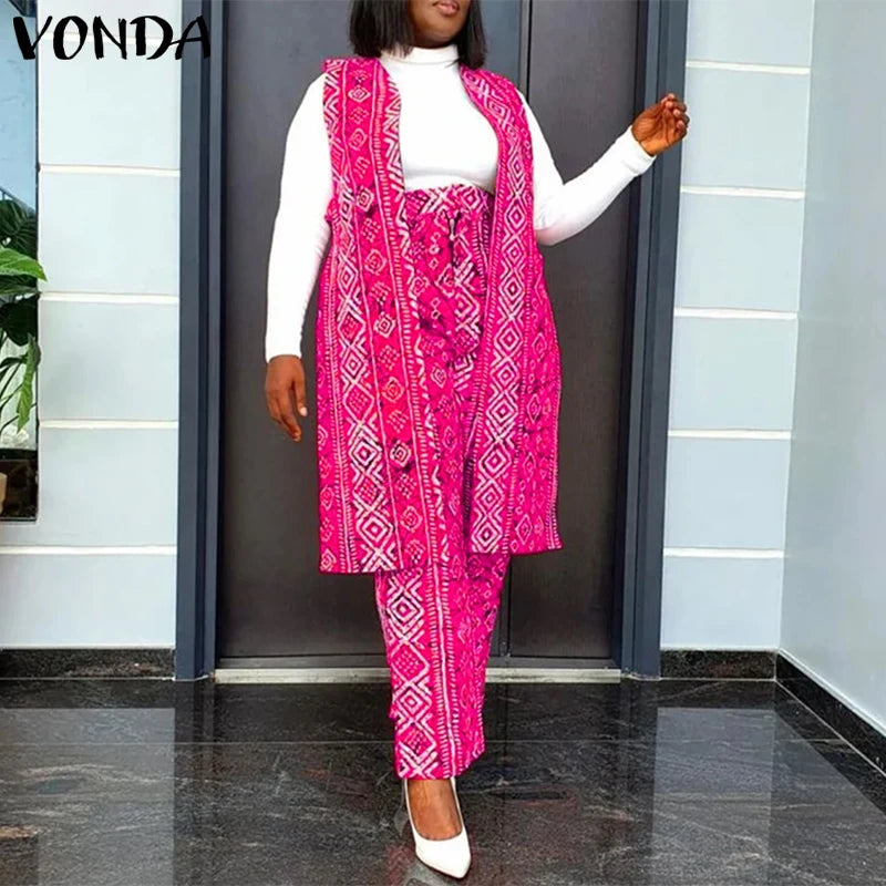 VONDA Plus Size Women Sexy Sleeveless Wide Leg Pants Sets 2024 Summer Vintage Tops Sets Bohemian Printed Suits Elegant Outfits