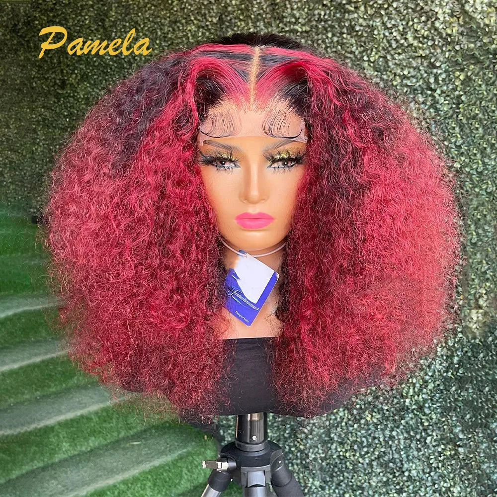 300% Density Kinky Curly Ombre 1B/Red Colored 13x4 Transparent Lace Frontal Glueless Wigs Human Hair PrePlucked Ready To Wear
