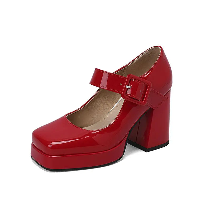 Size 33-48 Patent Shiny PU Leather Lady Office Pumps Wide Buckle Strap Platform Mary Janes Shoes Spring Fall Block Chunky Heels