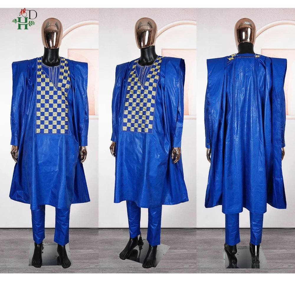 H&D African Clothing For Man Traditional Agbada Sets 3PCS Blue Bazin Riche Shirt Pant Embroidery Wedding Party Suits Plus Size