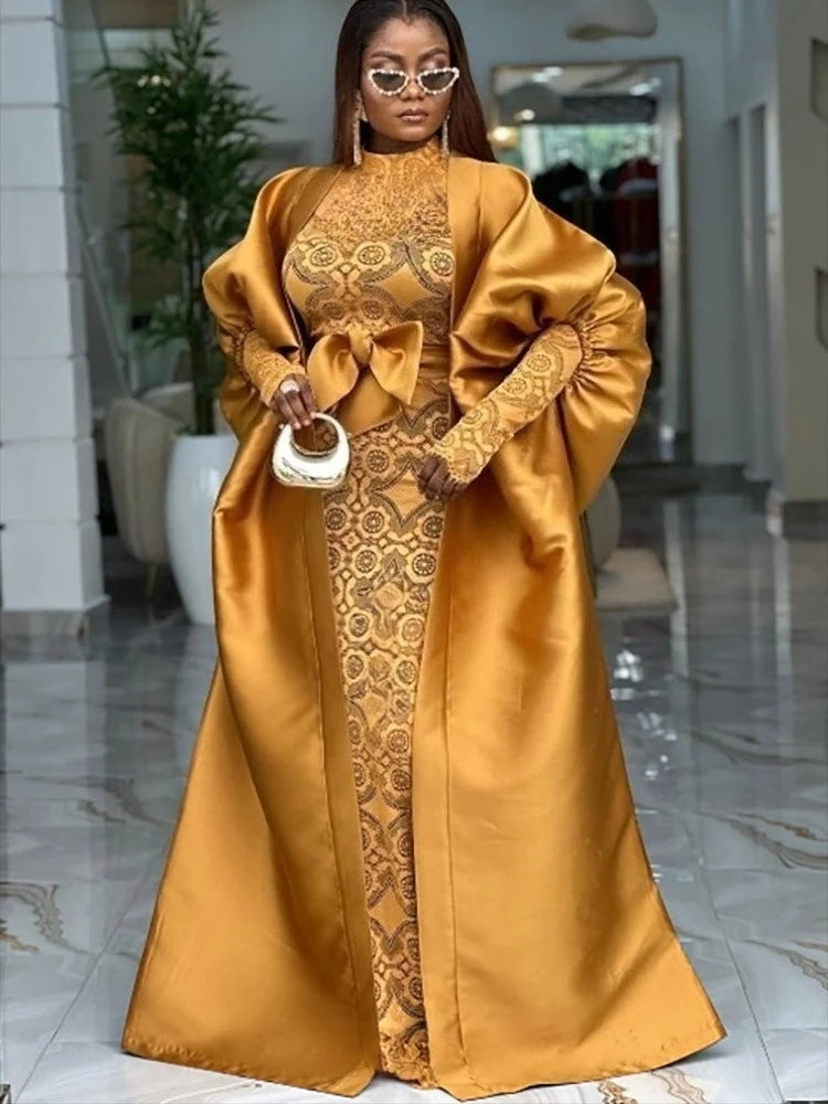 Elegant African Two Pieces Set Inside Bodycon Lace Dresses Sheer Bow Belt Kaftan Boubou Gowns Shiny Robe Weddings Event Occasion