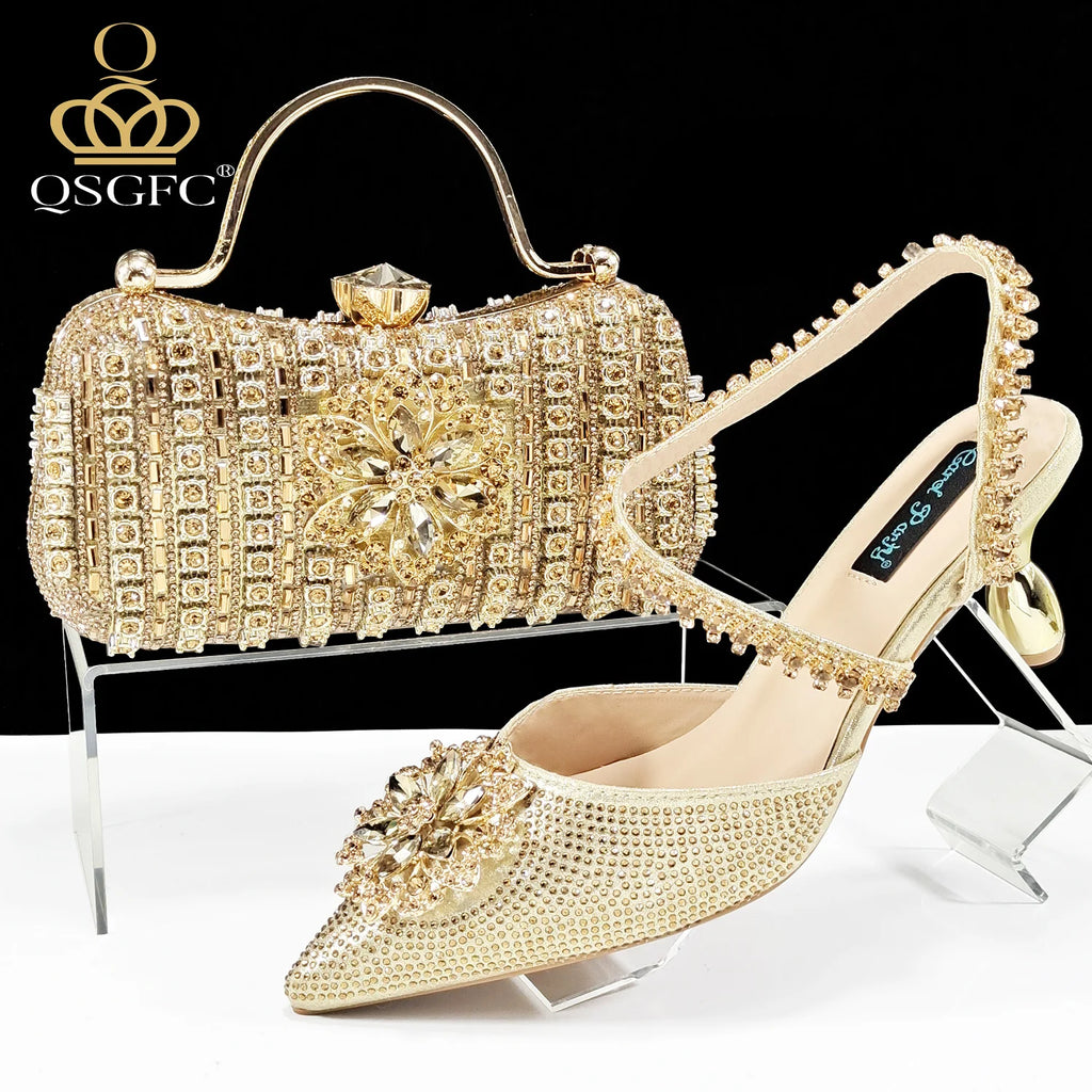 African Special Banquet Elegant Style Silver Color Party Wedding Pointed Toe  Heel Women Shoes and Bag Set With Rhinestone