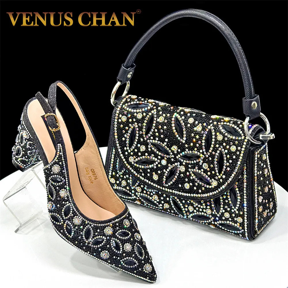 2025 Newest INS Style Black Color Elegant High Heels Nigeria Popular Design African Ladies Shoes And Bag Set For Party
