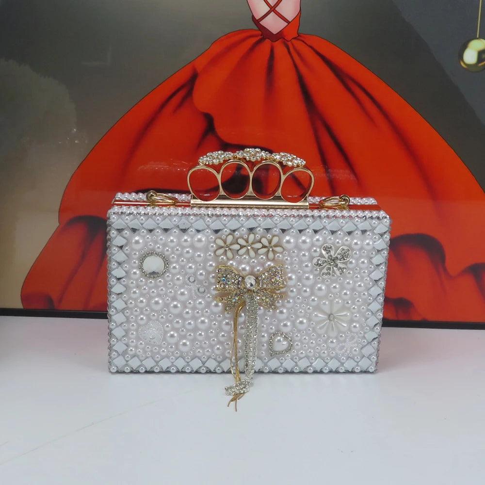 white Bridals Party shoes and bag Set Thin Heel Pointed Toe Women Pearl Evening Party shoes Buckle Ankle Strap Shoe Bag Set