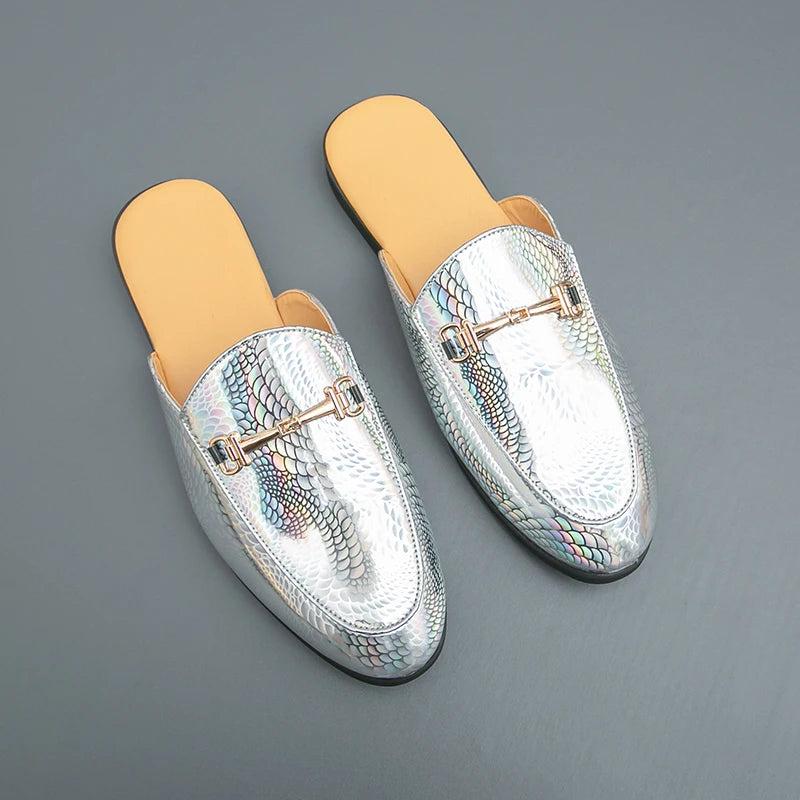 Fashion Brand Men's Cool Snake Skin Pattern Comfortable Half Back Leather Shoe Summer Men Breathable Bottom Casual Leather Shoes