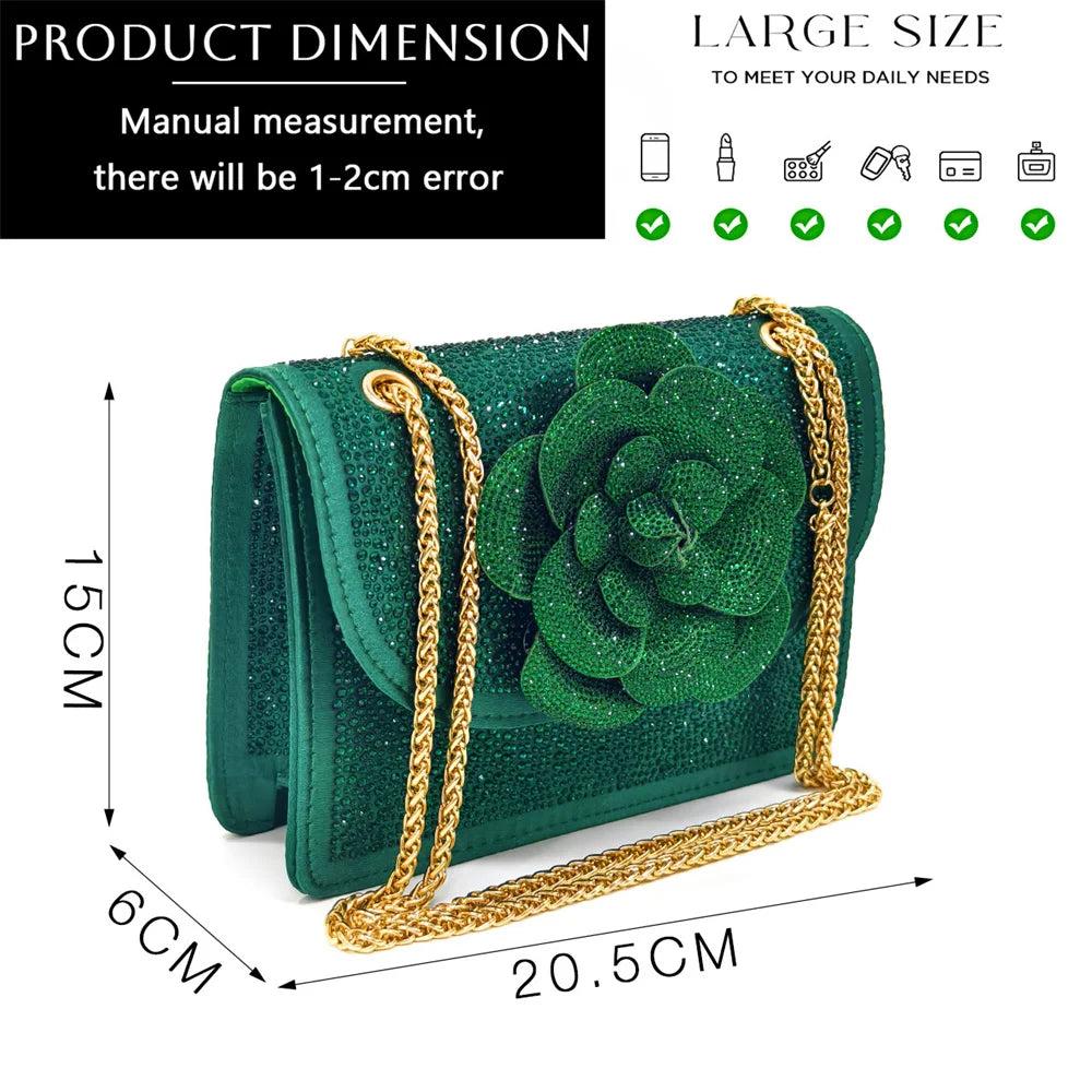 Venus Chan Evening Shoes and Bags Set with Full Diamond Handmade Petal Clutches Pointed Toe Peach Color Mid-Heel Women Shoes