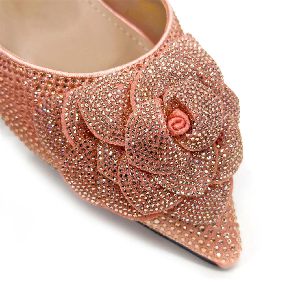 Venus Chan Evening Shoes and Bags Set with Full Diamond Handmade Petal Clutches Pointed Toe Peach Color Mid-Heel Women Shoes