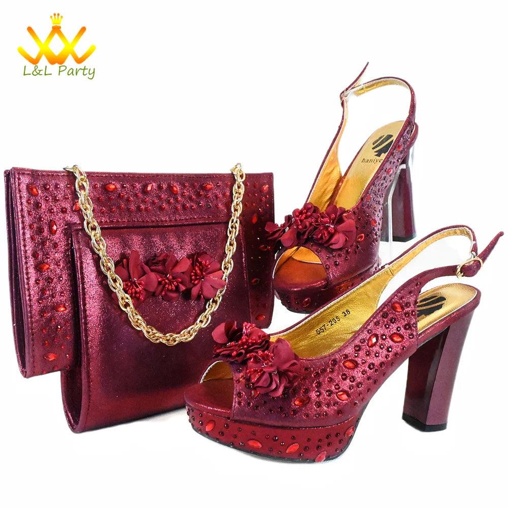 High Quality 2024 Summer New Design in Purple Color Mature Style Italian Women Shoes and Bag Set with Platform for Wedding Party