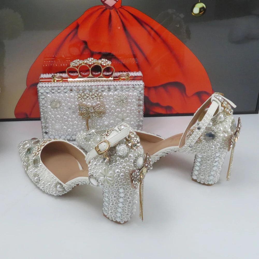 white Bridals Party shoes and bag Set Thin Heel Pointed Toe Women Pearl Evening Party shoes Buckle Ankle Strap Shoe Bag Set