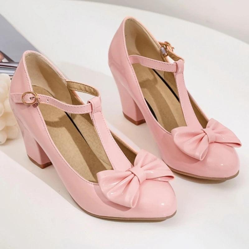 Elegant Women's Heels Mary Janes Lolita Shoes 2024 Sweet Bow Pumps Black White Pink Heeled Party Wedding Shoes Female Large Size
