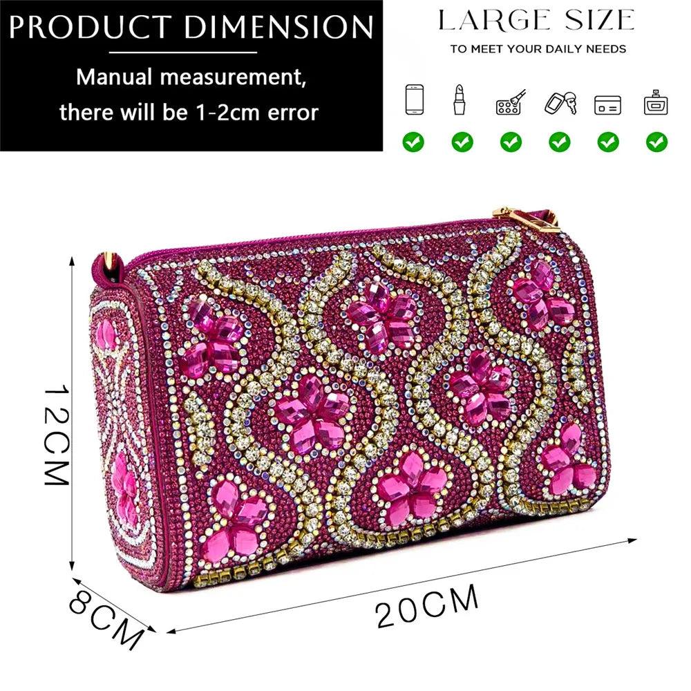 Elegant And Sexy Fuchsia Color High Heels Shoes And Bag With Rhinestone Embellished Toe Is Comfortable Women's Shoes For Party