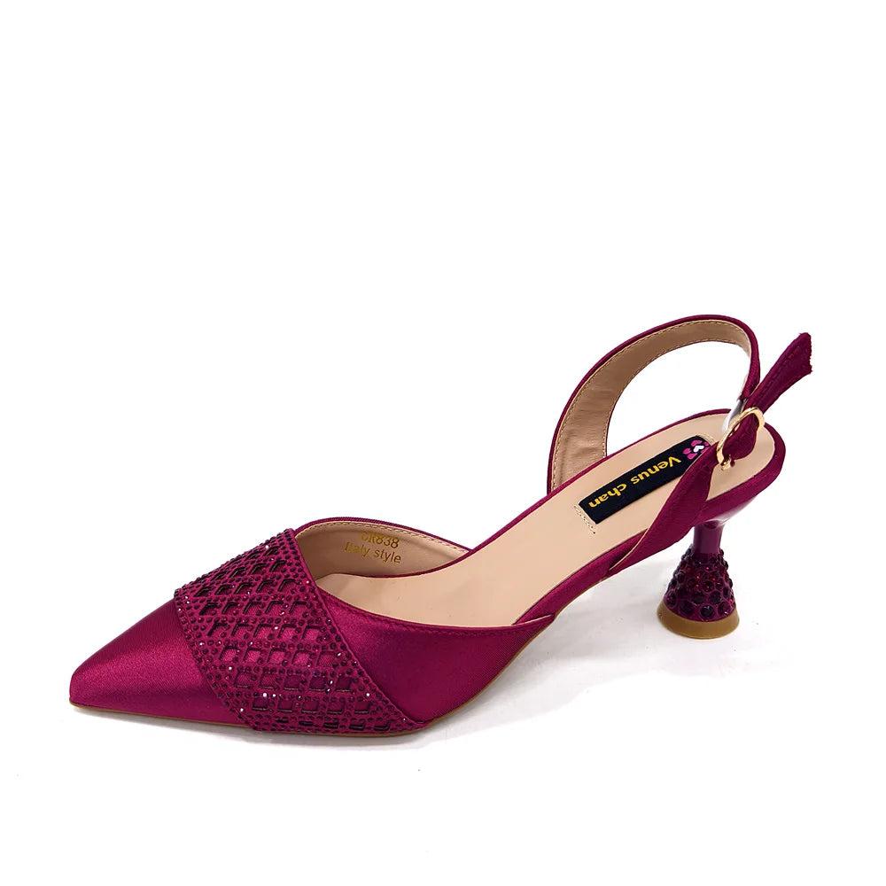 2025 New Elegant Nigerian Women’s Wine Colour Heeled Shoes and Rhinestone Handbag Set – Italian Design for Parties and Weddings