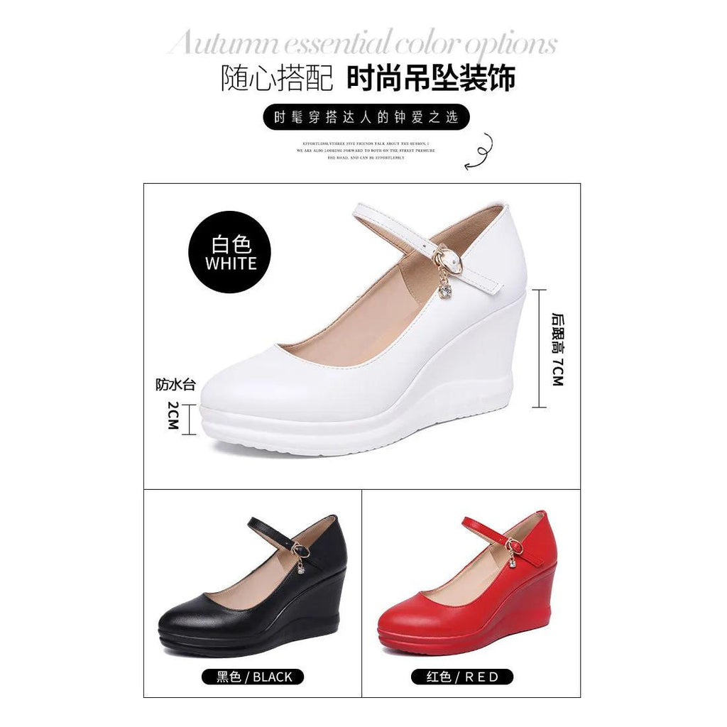 high quality leather shoe for women 7cm wedge high heel platform round toe 32 33 42 43 elegant and fashion shoe white red black
