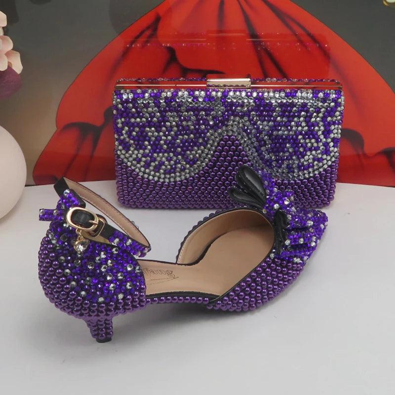 BaoYaFang New arrival Purple Pearl Bridal shoes and Bag Set woman party dress shoes Big size ankle Strap Buckle Shoes High Pumps
