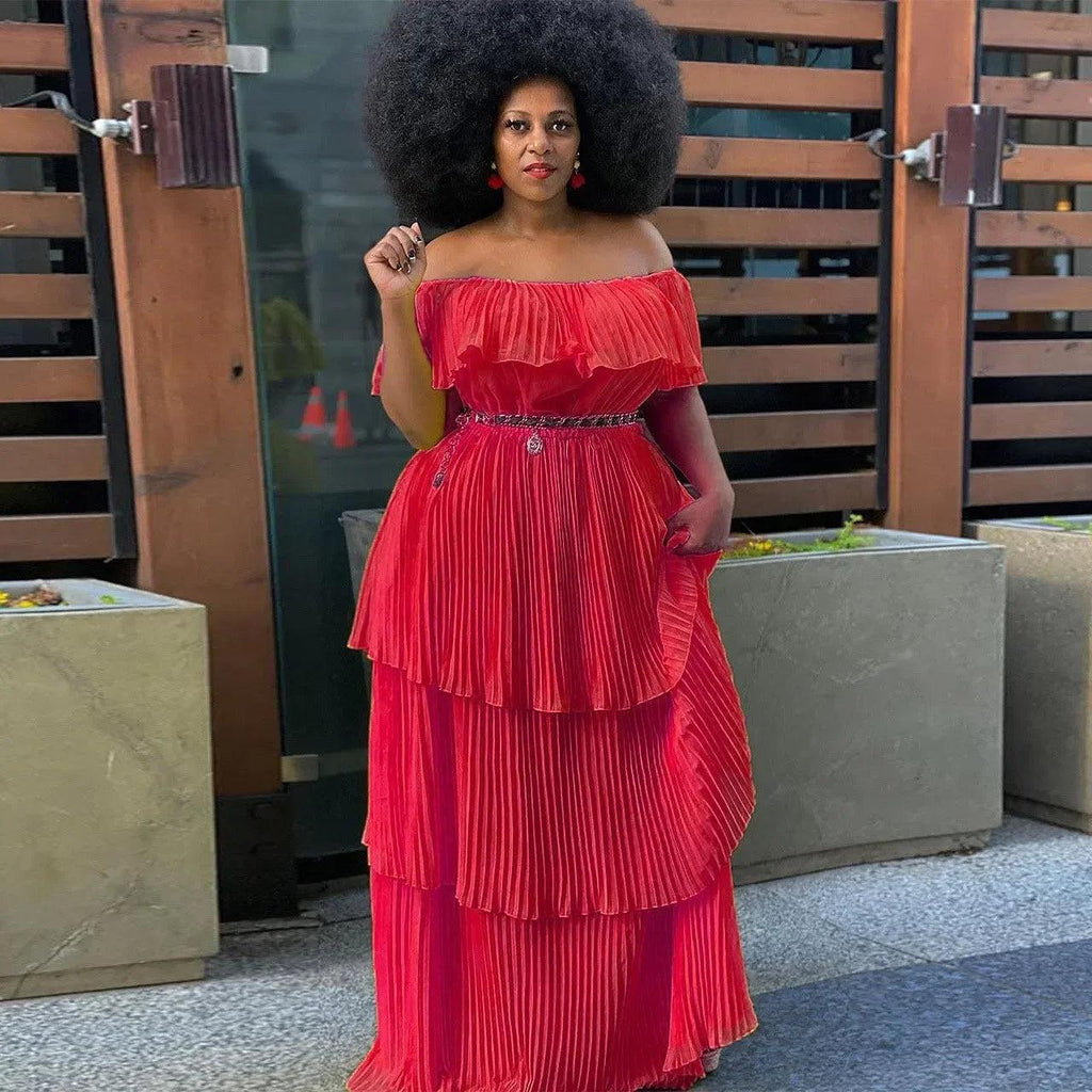 Women's Chiffon One-shoulder Pleated Maxi Dress Sexy Off-the-shoulder Waist Cake Skirt Party Holiday Beach Dress Women Clothing