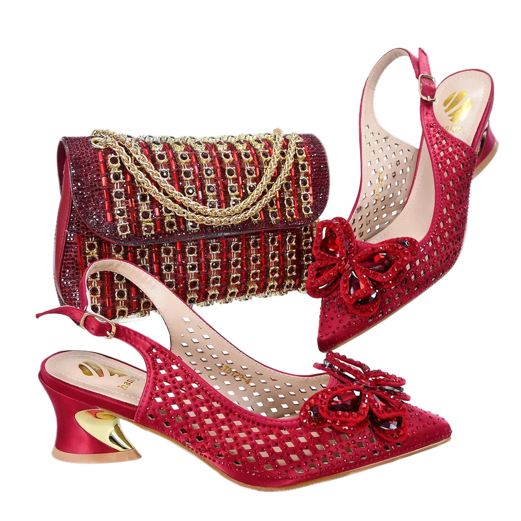 High Quality Winter New Arrivals Specials Design Italian Shoes and Bag Set in Wine Color Low Heels Comfortable For Wedding