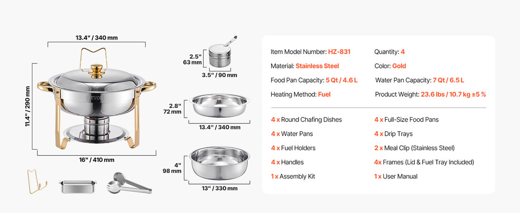 SucceBuy 4 Pack Chafing Dish Buffet Set Stainless Steel Chafer w/4 Full Size Pan Round Catering Warmer Server for Party Banquets