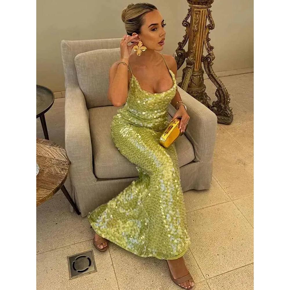 BKQU Sequins Sexy Backless Maxi Dress Women Cross Halter Fashion U Neck Slim Glitter Evening Robe 2025 Summer Lady Beach Dresses