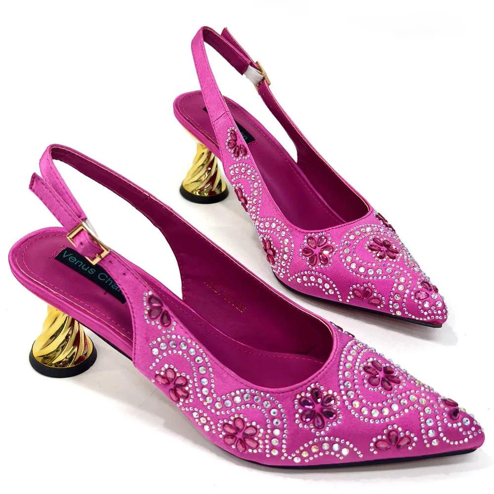 Elegant And Sexy Fuchsia Color High Heels Shoes And Bag With Rhinestone Embellished Toe Is Comfortable Women's Shoes For Party