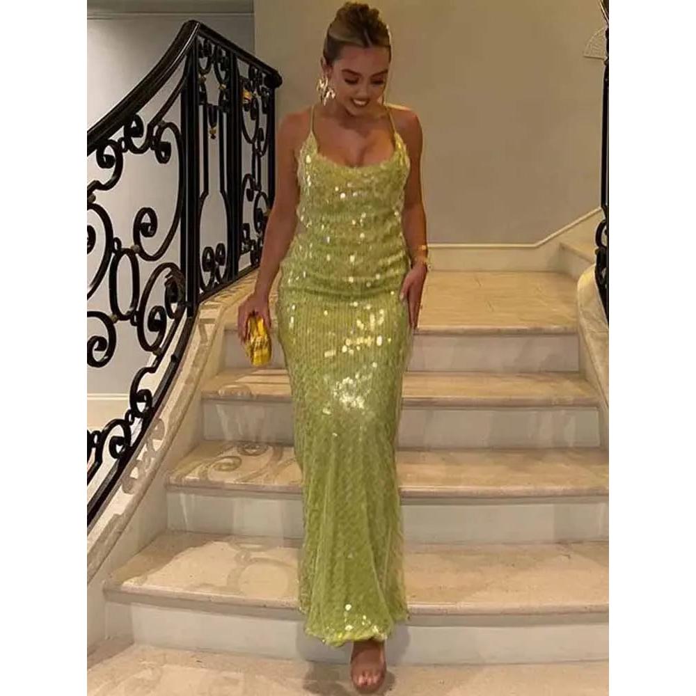 BKQU Sequins Sexy Backless Maxi Dress Women Cross Halter Fashion U Neck Slim Glitter Evening Robe 2025 Summer Lady Beach Dresses