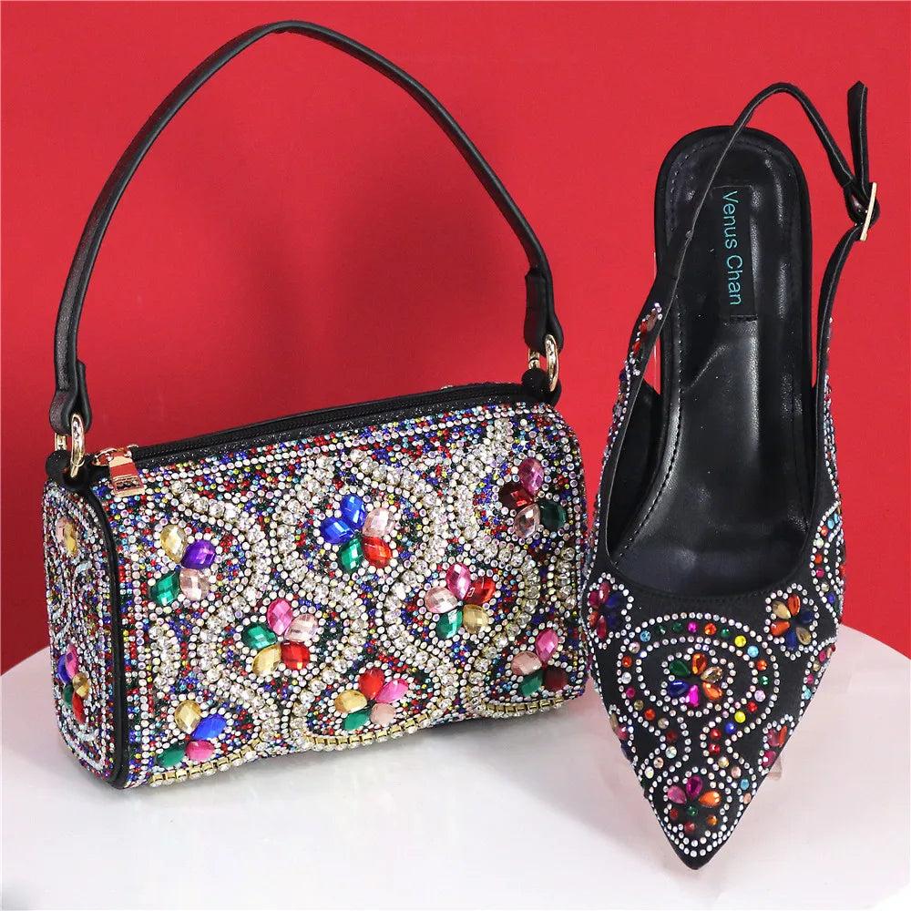Elegant And Sexy Fuchsia Color High Heels Shoes And Bag With Rhinestone Embellished Toe Is Comfortable Women's Shoes For Party