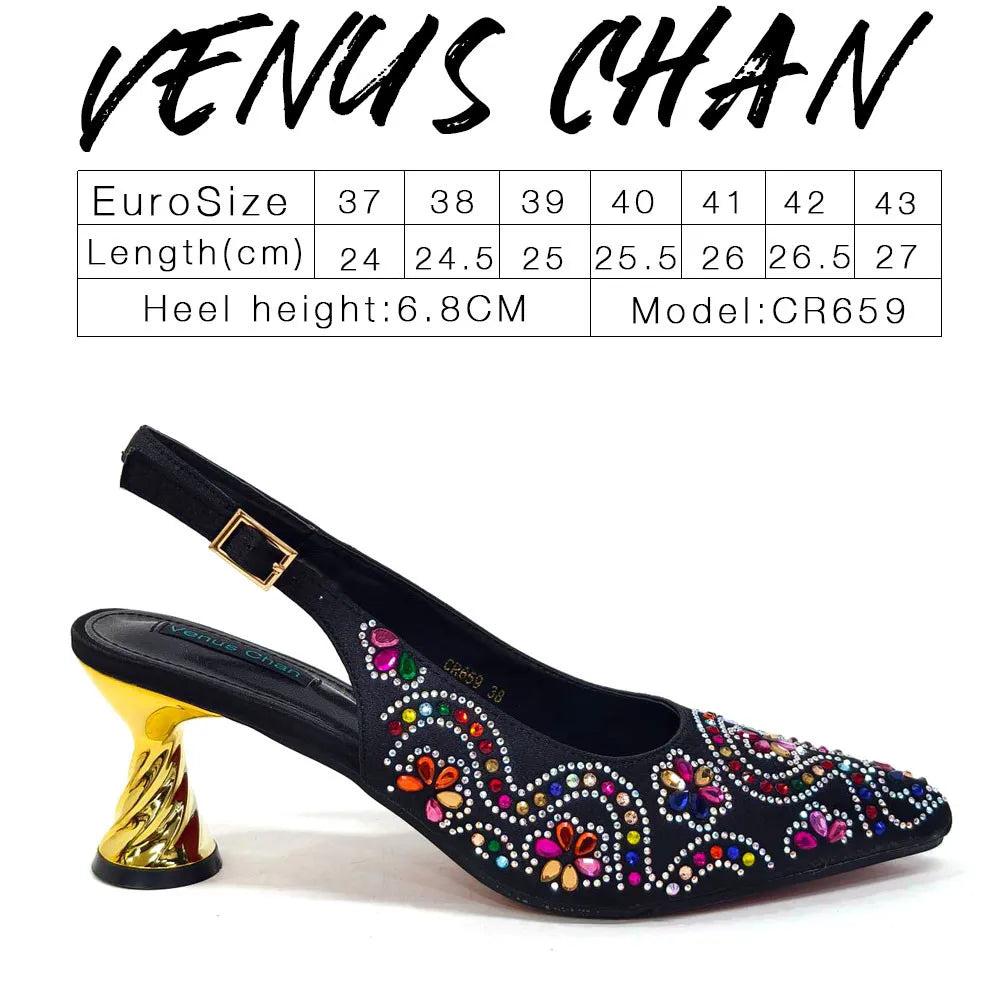 Elegant And Sexy Fuchsia Color High Heels Shoes And Bag With Rhinestone Embellished Toe Is Comfortable Women's Shoes For Party