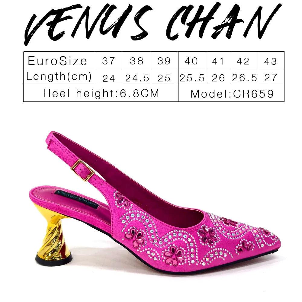 Elegant And Sexy Fuchsia Color High Heels Shoes And Bag With Rhinestone Embellished Toe Is Comfortable Women's Shoes For Party