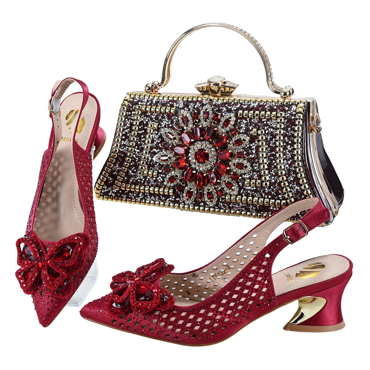 High Quality Winter New Arrivals Specials Design Italian Shoes and Bag Set in Wine Color Low Heels Comfortable For Wedding