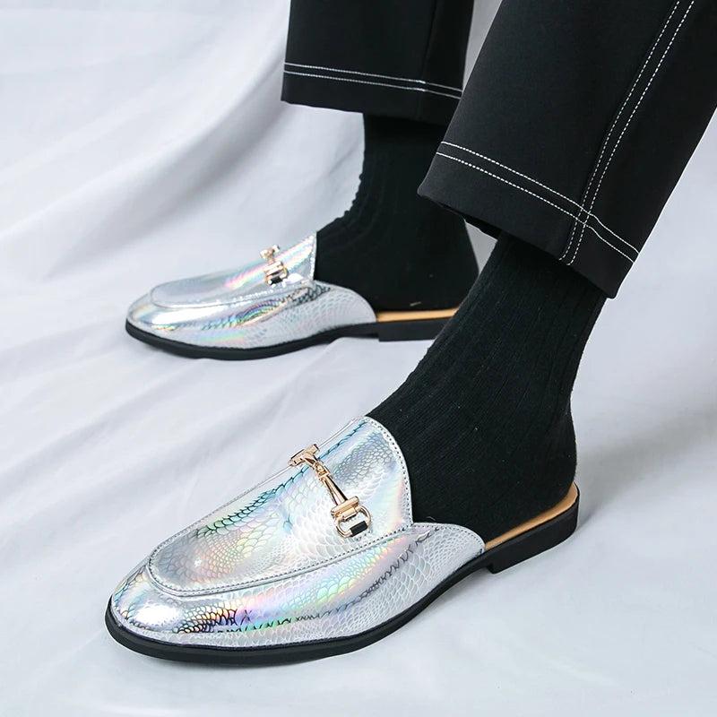 Fashion Brand Men's Cool Snake Skin Pattern Comfortable Half Back Leather Shoe Summer Men Breathable Bottom Casual Leather Shoes