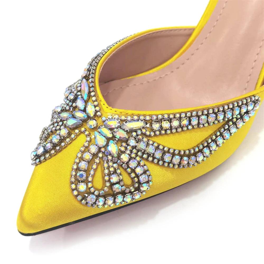Yellow Classy Bowknot Pointed Toe Women's Shoes High Heel Elegant Sandals Shallow Mouth Shoes Bag Set Women