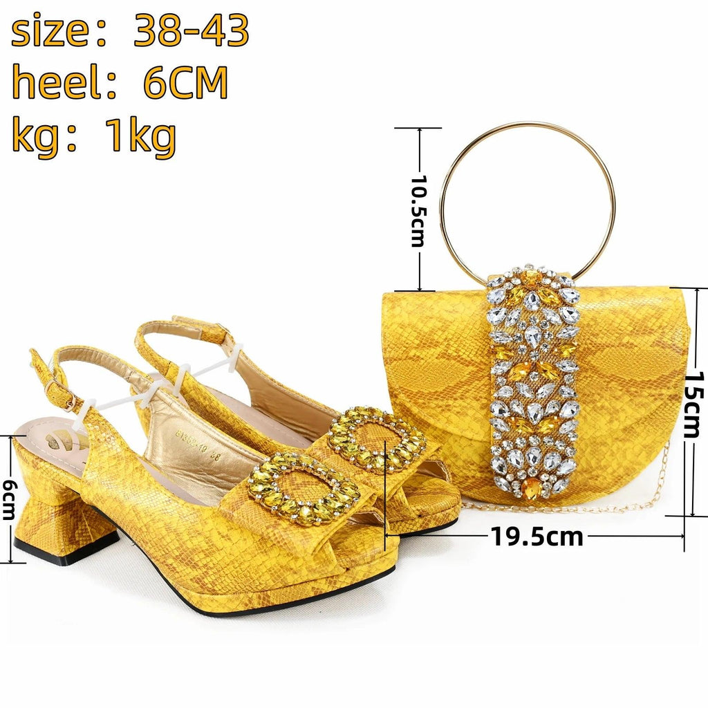 2024 Autumn New Design Specials Italian Women Shoes and Bag Set Comfortable Mid Heels With Rhinestone in Yellow Color