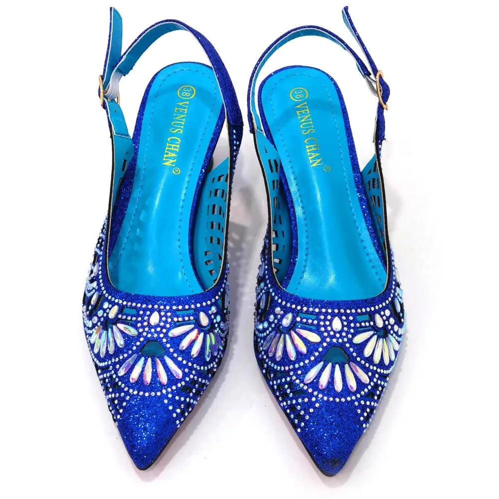 Italian Shoes and Bags Matching Set for Women Bow Rhinestones Peep Toe High Heels Blue Color Nigerian Party 2025