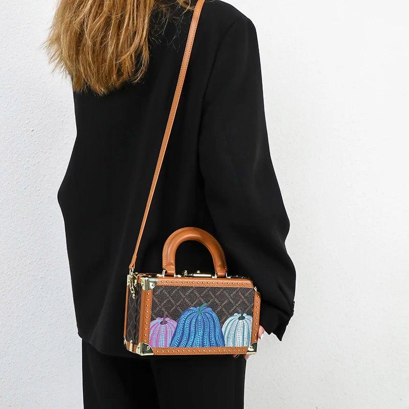 Genuine Leather Women Handbags Evening Bag Top Handle Satchel Crossbody Bag Small Hard Purse Pumpkin Box Bags