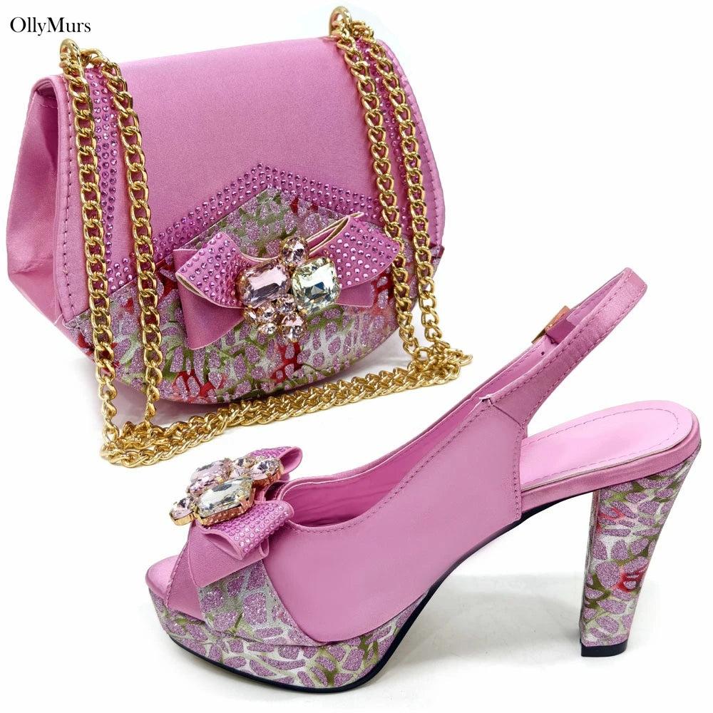Italian Hot Sale Appliques Elegant Shoes And Bag To Match Set Summer High Heels Shoes And Bag Set For Wedding Dress Size 37-43