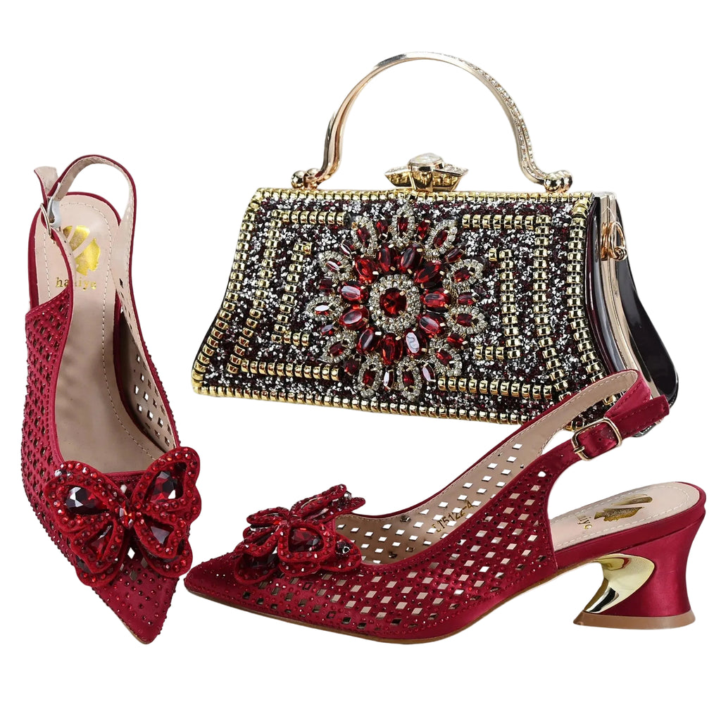 High Quality Winter New Arrivals Specials Design Italian Shoes and Bag Set in Wine Color Low Heels Comfortable For Wedding