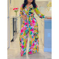 2024 Spring Summer New Long Sleeved Printed Suit For Women Fashion Lapel Single Breasted Shirt Wide Leg Trousers Two Piece Set