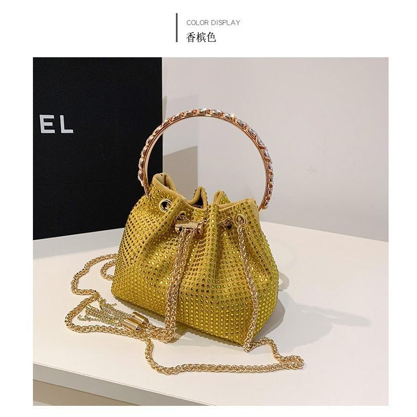Candy Color Diamonds Bucket Bag Round Handle Handbags Drawstring Shoulder Crossbody Bags for Women 2023 Rhinestone Evening Bag