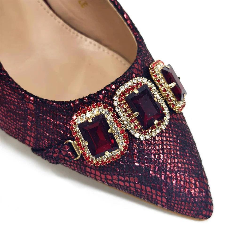 Rhinestone Pointed-Toe High Heels Shoes and Bags Set for Women Wedding and Party Elegant Luxury Fashion in Wine Color
