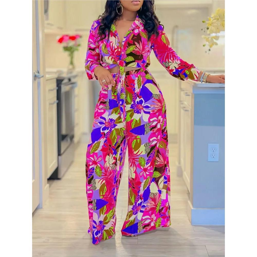 2024 Spring Summer New Long Sleeved Printed Suit For Women Fashion Lapel Single Breasted Shirt Wide Leg Trousers Two Piece Set