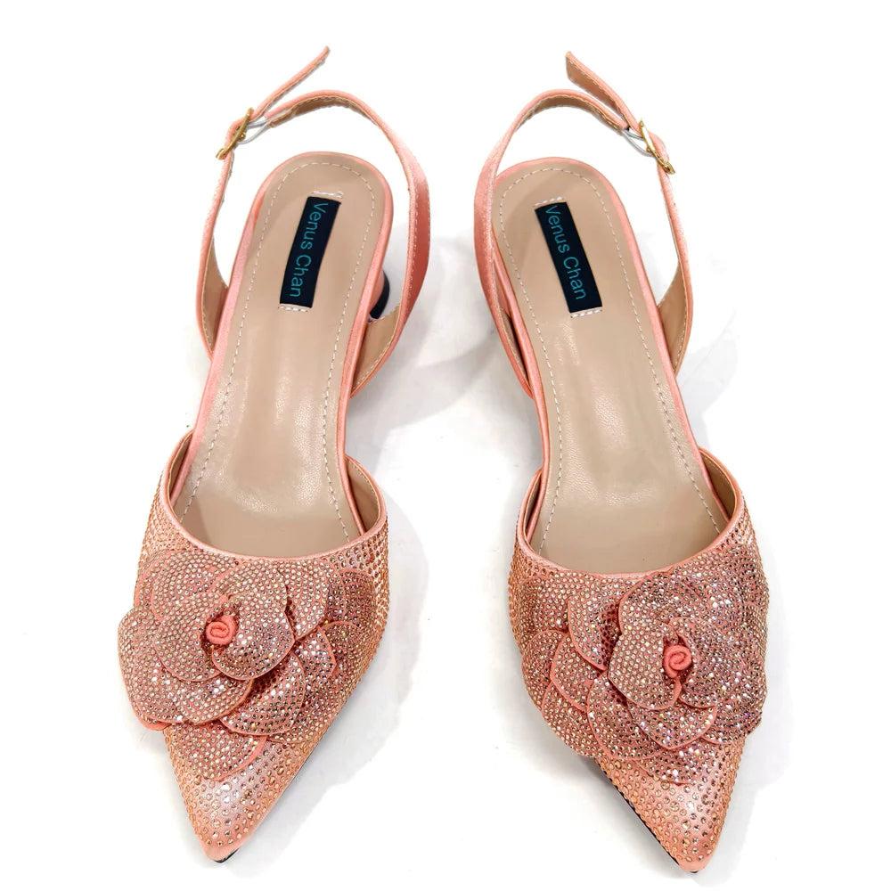 Venus Chan Evening Shoes and Bags Set with Full Diamond Handmade Petal Clutches Pointed Toe Peach Color Mid-Heel Women Shoes