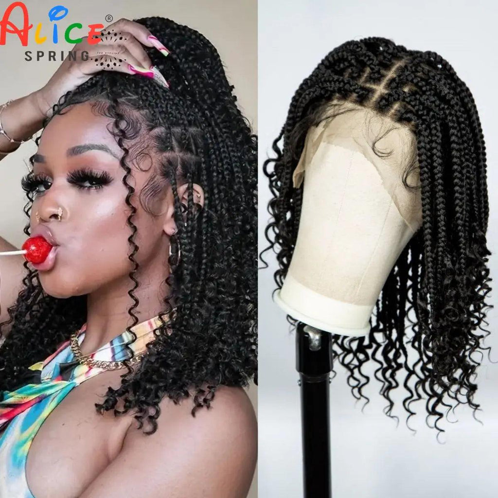 Knotless Box Braided Wigs with Curly Ends Synthetic Full Lace Braided   Lace Wigs Short Boho Braided Bob Wigs for Black Women