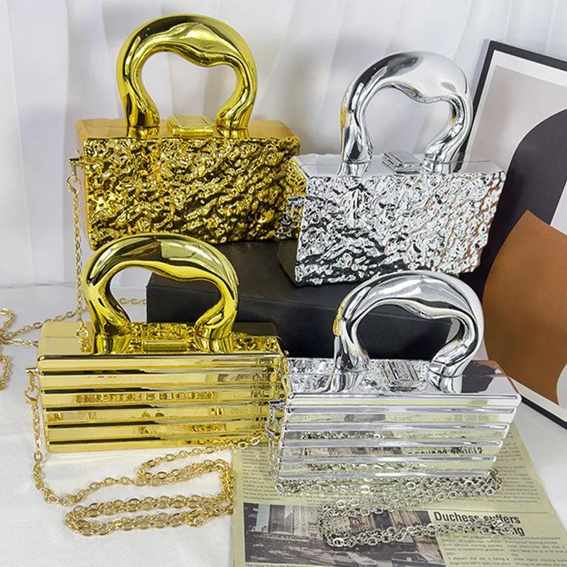 Square Acrylic Metallic Evening Handbag Box with Top Handle Luxury Designer Bags for Women Trend 2024 Shoulder Messenger Bags