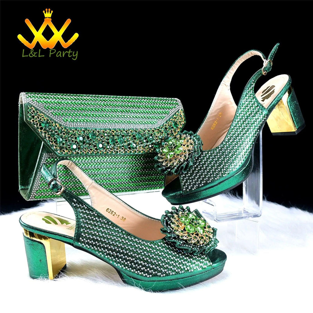 2024 Special New Arrivals Italian Women Shoes and Bag to Match in Green Color with Platform Shinning Crystal Sandal for Wedding