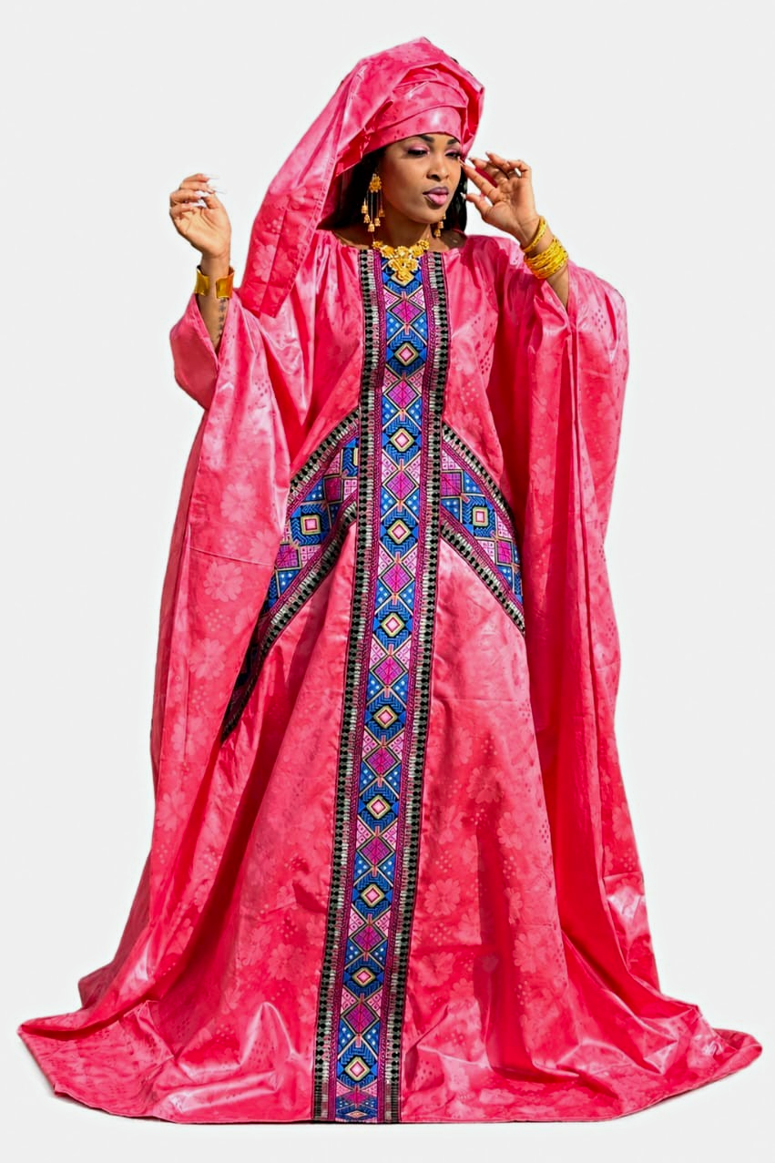 Women Senegal Kaftan Maxi Dress with Matching Headwrap Pink Polyester One Size