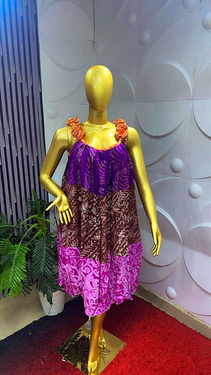 Women's Adire One Size Abstract Chiffon Ruffle Shift Midi Dress Square Neck