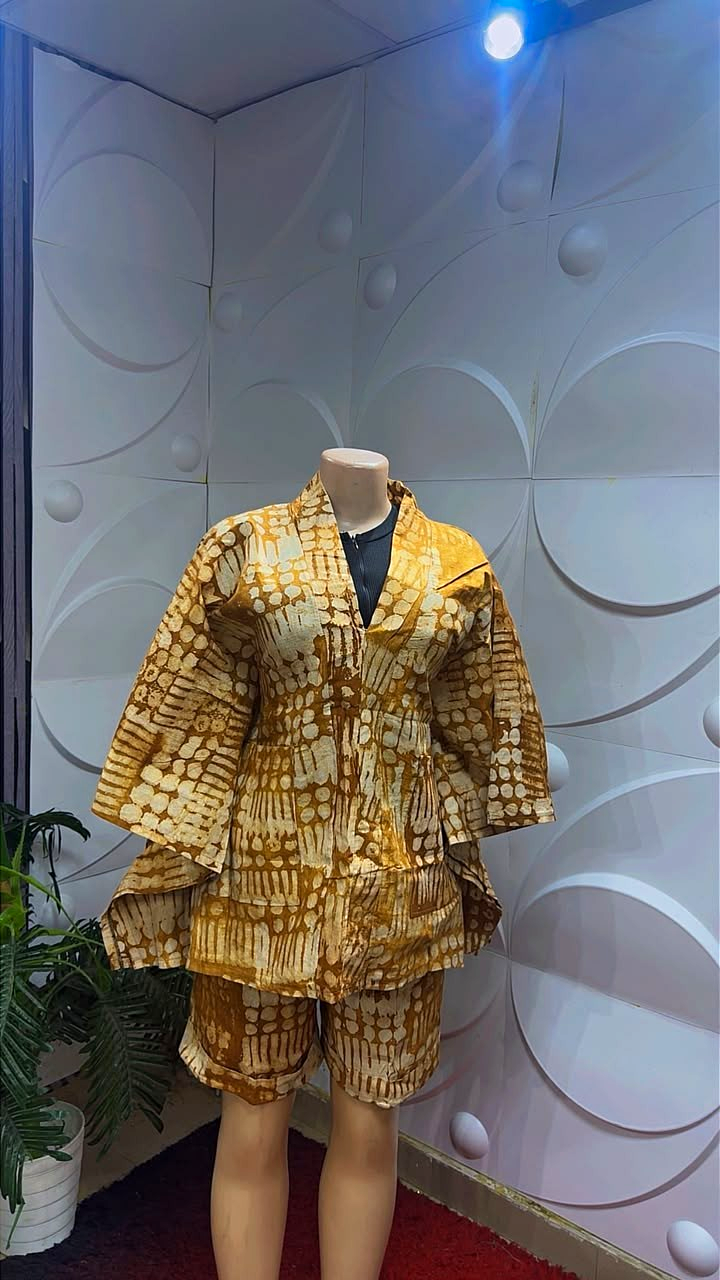 Women 100% Cotton Adire Abstract Yellow Two Piece Set Top & Shorts, size 10-16