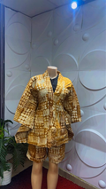Women 100% Cotton Adire Abstract Yellow Two Piece Set Top & Shorts, size 10-16